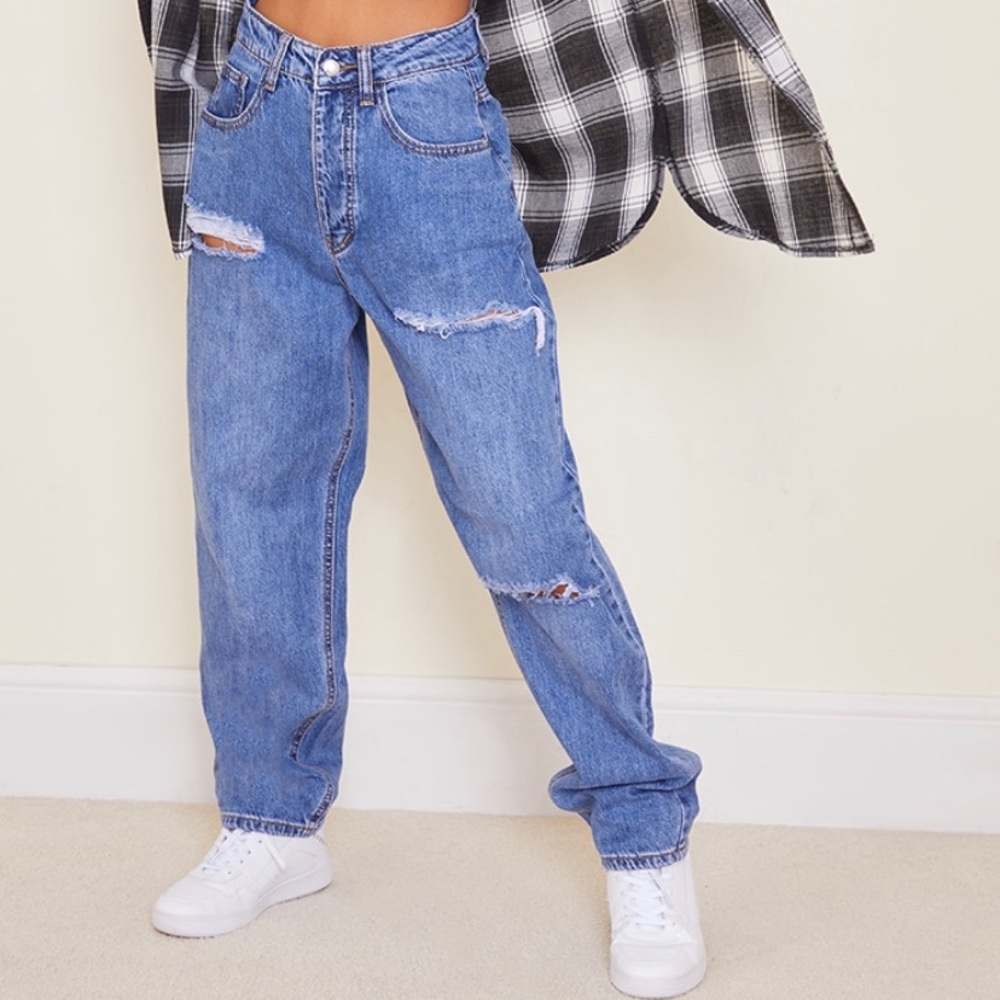 PLT Petite Mid Blue Wash Open Knee Boyfriend Jeans